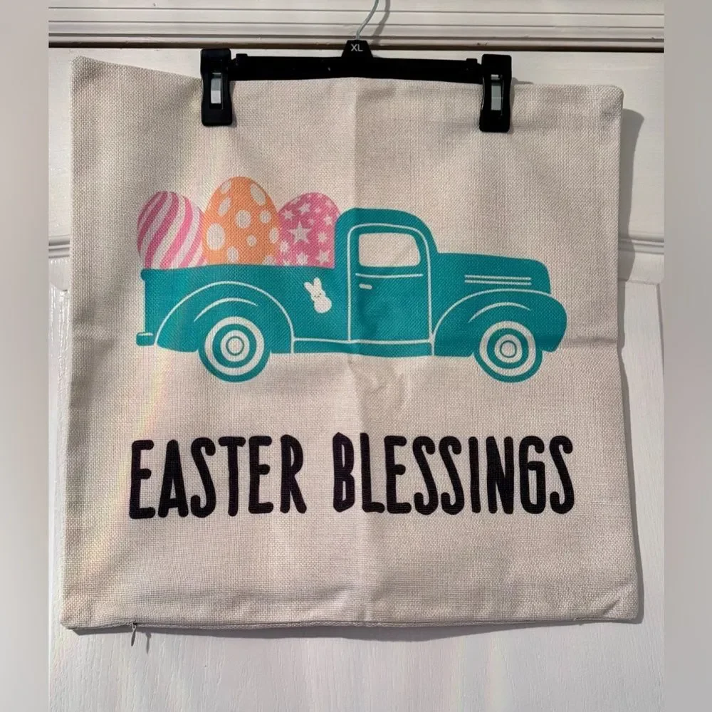Easter Set of 4 Burlap Pillow Cover Hip Hop Happy Easter Blessings Welcome Peeps